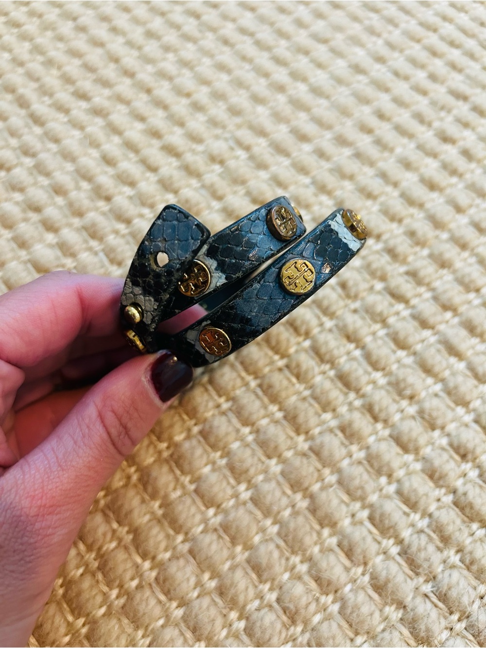 Tory Burch Blue and Navy Gold-Accent Leather Wrap Bracelet